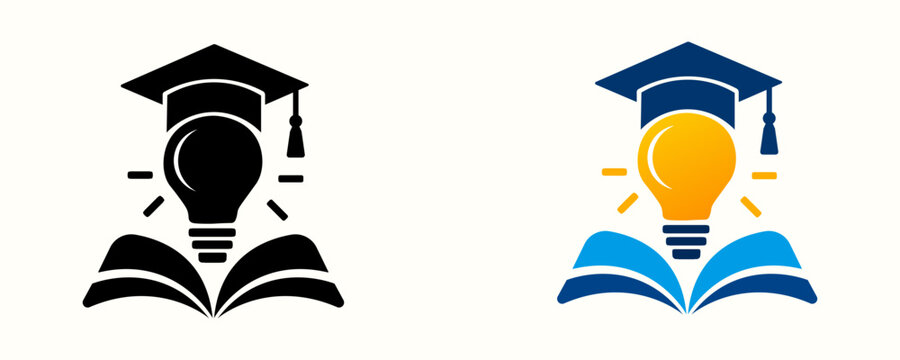 Educational light bulb logo with graduation cap and open book, creative learning icon set, academic intelligence vector