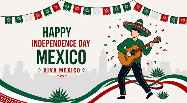 Happy Mexico Independence Day Celebration With Mariachi Man Playing Guitar Wearing Sombrero Hat