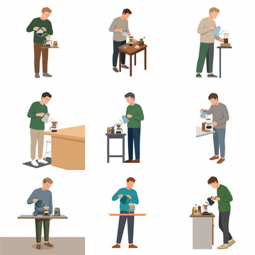 Flat vector set of men brewing manual pour-over coffee.