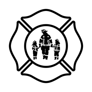 Firefighter with children svg cut file. Isolated vector illustration.