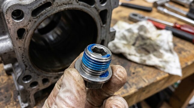 Close-up of a mechanic's gloved hand holding a threaded engine plug coated with blue thread locker, ready for installation into an engine block in a workshop setting. 
