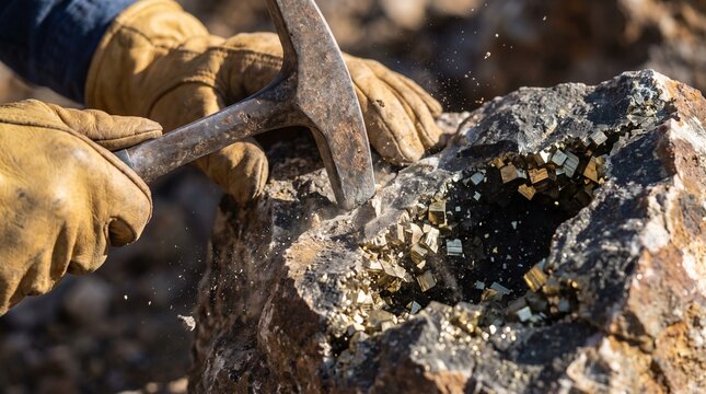 A gloved hand uses a rock hammer to extract sparkling pyrite (fool's gold) crystals from a geode. Captures the excitement of mineral discovery and geology.