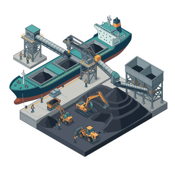 Isometric view of a bulk carrier ship loading coal at an industrial port terminal.