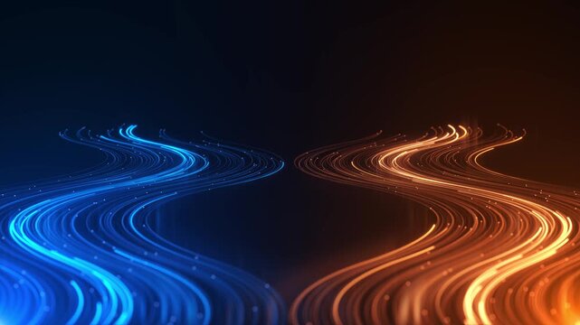 Paired ribbons of cool warm amber light trace winding paths background luminous points. communication explainers, innovation presentations, music visuals, event screens futuristic promotional titles.