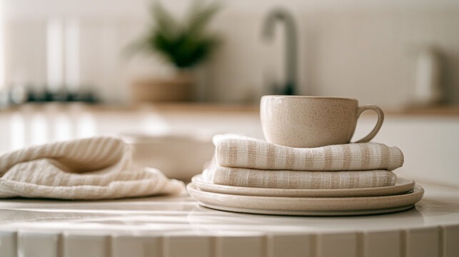 Neutral Ceramic Cup with Folded Linen Napkins and Stacked Plates in Kitchen