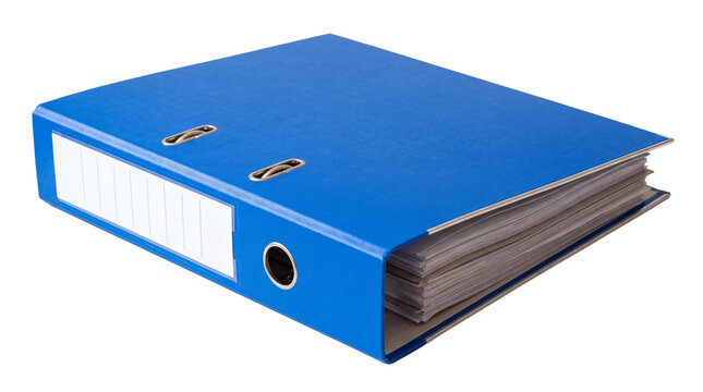 Thick blue ring binder folder with papers on transparent background