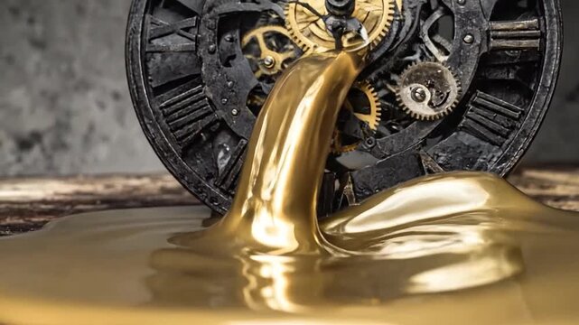 Melting gold clock on stone surface.