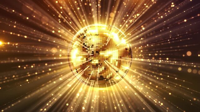 golden tiles cover disco sphere amber light rays and luminous particles. dance floor visuals, celebration openers, entertainment promotions, glamorous event titles and retro themed music presentations