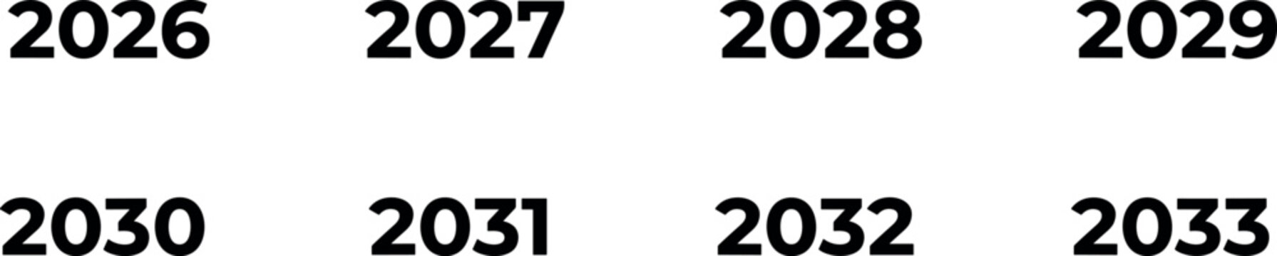Simple black future years numbers set from 2026 to 2033 isolated on white background vector