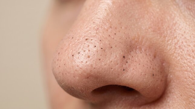 Macro close up shot of clogged pores and blackheads on human nose tip