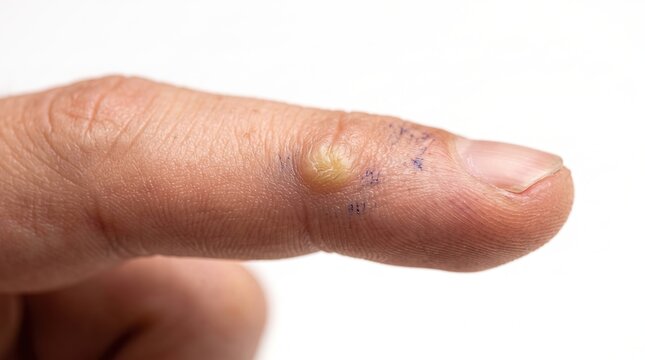 Side view macro of raised wart lesion on male finger skin with pen mark