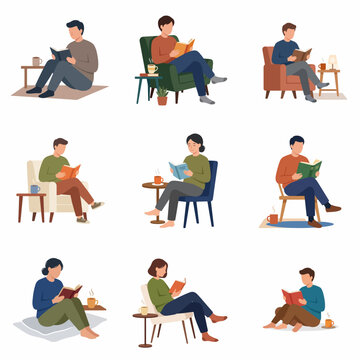 Minimalist vector set of diverse people reading books in cozy indoor settings.