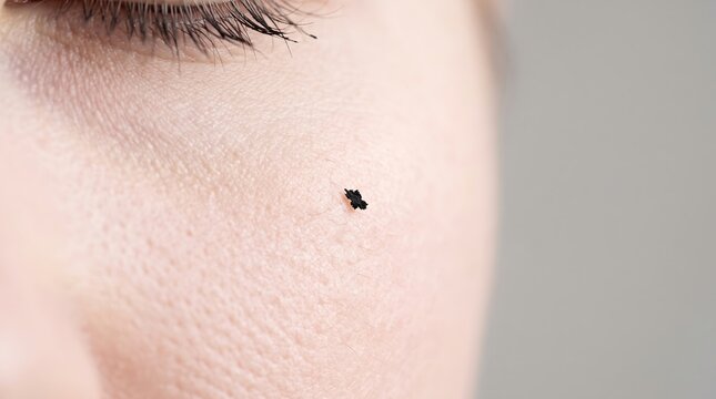 Macro detail of tiny black nevus mole near female lower eyelash