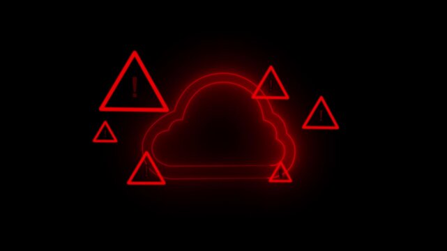 Cloud warning neon alert symbol error icon service outage cloud downtime cyber security system failure dark background glowing sign technology