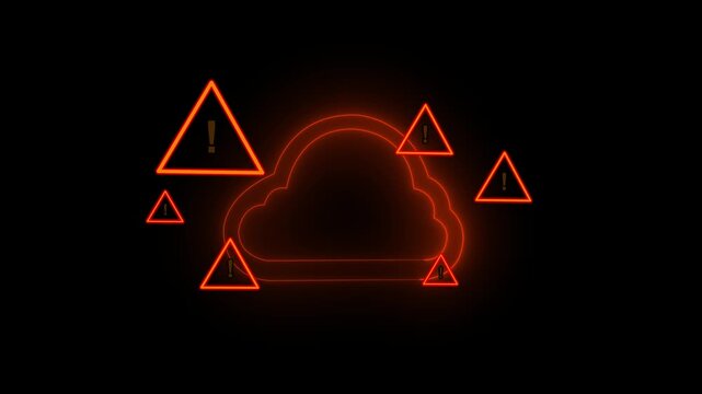 Cloud warning neon alert symbol error icon service outage cloud downtime cyber security system failure dark background glowing sign technology