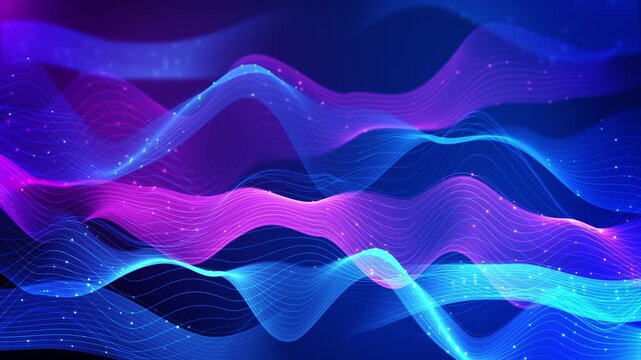 Fine blue and pink strands create wave patterns glowing dots, soft gradients of rhythmic depth. signal visualization communication explainers, creative presentations, music promos and digital intros.