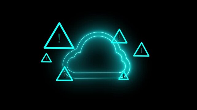 Cloud warning neon alert symbol error icon service outage cloud downtime cyber security system failure dark background glowing sign technology