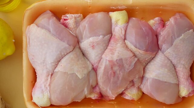Raw chicken legs with garlic and lemon on a yellow surface, ready for cooking, top view close up shot