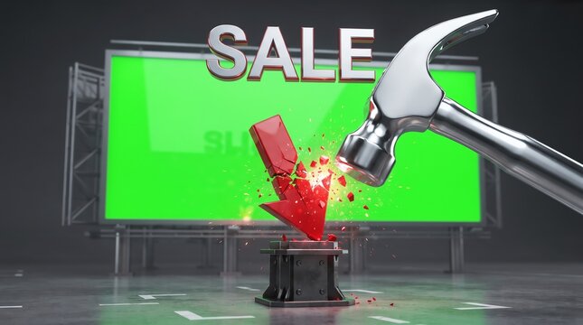 Price drop concept with hammer smashing red arrow. Sale billboard with green screen. Discount and market crash visualization.