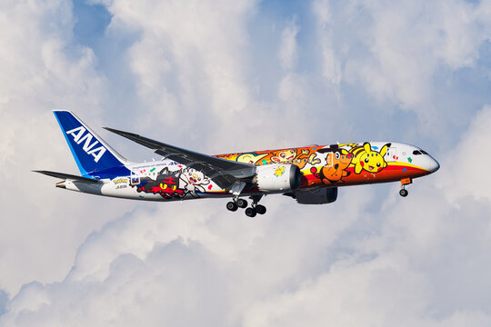 All Nippon Airways Boeing 787-8 Dreamliner (JA819A) passenger plane in Red Pokemon Jet livery on final approach at Haneda Airport