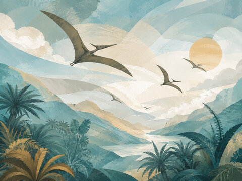 Prehistoric pterosaurs soaring across a cloudy sky above a stylized ancient landscape in muted vintage colors.