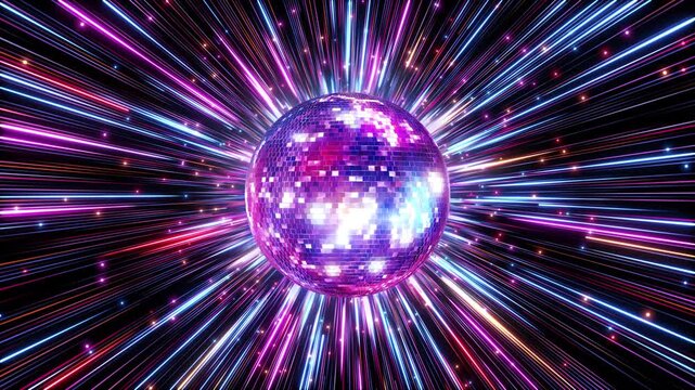 Reflective mosaic tiles cover vivid magenta disco sphere rays scattered bright points. dance event openers, electronic music promotions, party invitations, concert screens lively celebration titles.