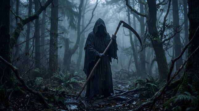 A mysterious hooded figure holding a scythe standing in a dark and foggy forest at twilight