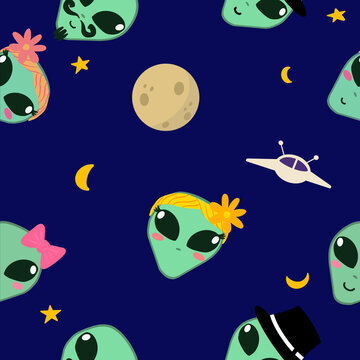 Cute Green Alien and Space Seamless Pattern on Navy Background