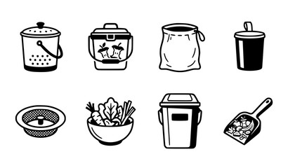 Obraz premium Collection of black and white compost bins food waste containers and gardening tools