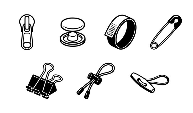 Black and white illustration of various fasteners and closures isolated on white