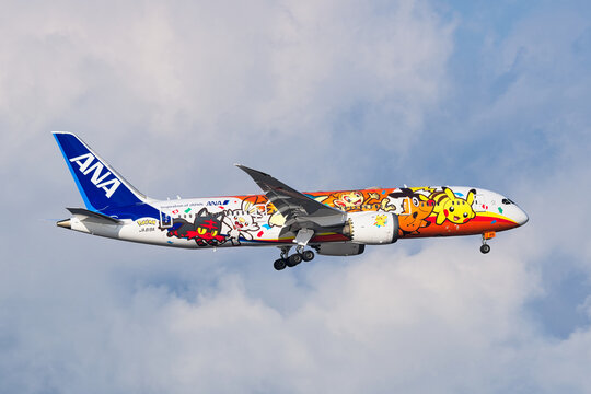 All Nippon Airways Boeing 787-8 Dreamliner (JA819A) passenger plane in Red Pokemon Jet livery on final approach at Haneda Airport