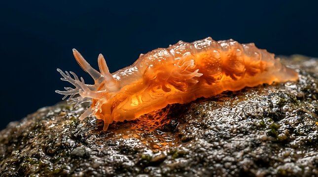 Macro shot of a translucent orange nudibranch sea slug crawling on a wet dark rock