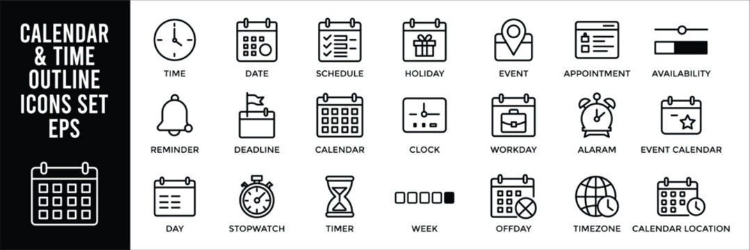 Calendar and time outline icon set featuring clocks schedules reminders dates deadlines appointments stopwatch alarm calendar planning events productivity organization and daily time management symbol