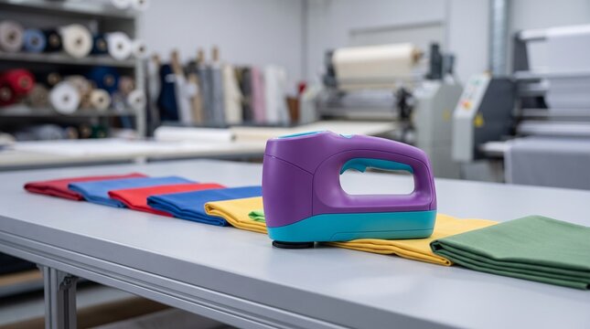 Color matching spectrophotometer device on a textile factory worktable with fabric samples.