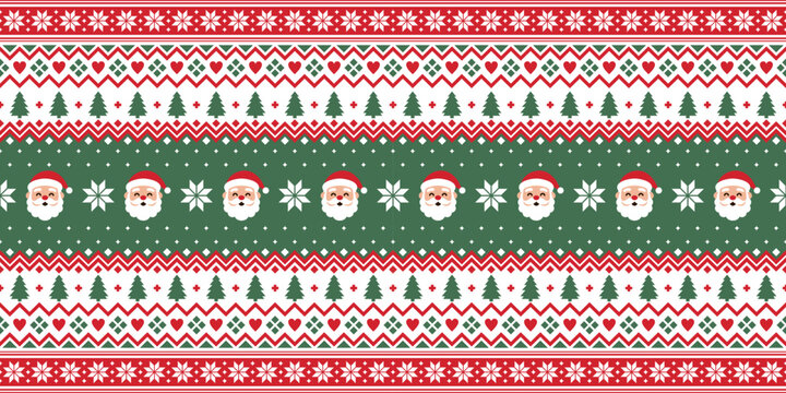 Christmas sweater pattern with Santa Claus, snowflakes, Christmas trees, hearts and Nordic geometric motifs, seamless festive red green cream textile design