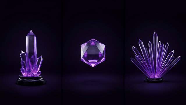 Three panels displaying glowing purple amethyst crystals and a geometric gem on dark background