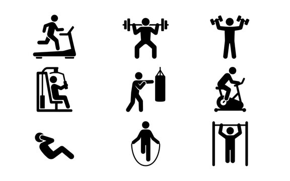 Fitness exercises stick figure icon set showing various gym workouts isolated on a transparent background grid.