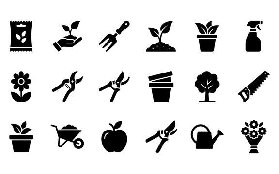 Garden tools and planting equipment icons black silhouettes for horticulture hobby and landscape design services.