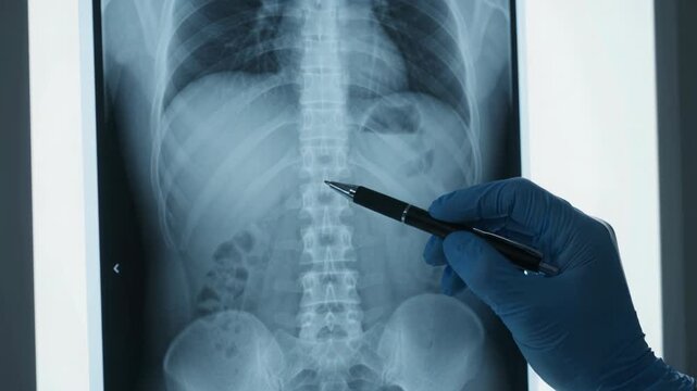 Close-up video of a healthcare professional in blue gloves pointing at a chest x-ray for medical diagnosis.