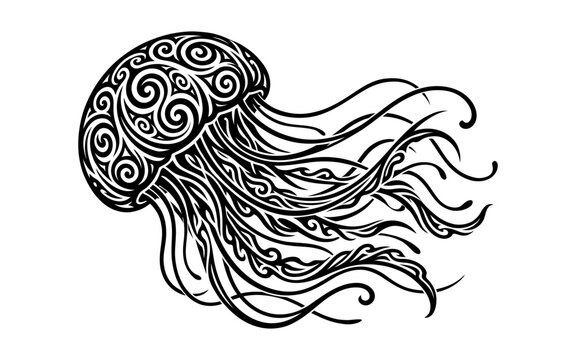 Intricate tribal jellyfish tattoo style vector design showing swirling patterns for marine wildlife illustrations.