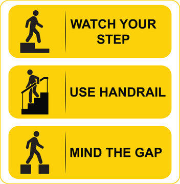 Stairway safety signage set with yellow background for hazard awareness and fall prevention in building design.