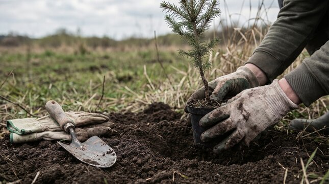 Sustainable tree planting in field, gloved hands holding small pine sapling, reforestation and environmental conservation concept