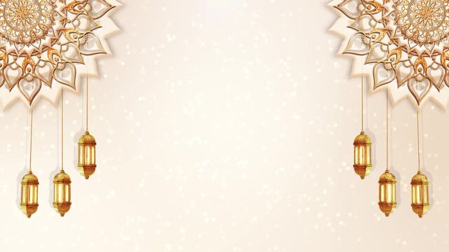 elegant cream composition pairs gold lanterns intricate corner ornaments Spacious central copy space keeps messages prominent. Eid invitations, celebration titles, and refined seasonal greetings.