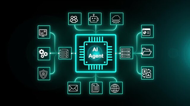 AI Agent Autonomous System Architecture Animation - Neural Processor Chip, Cloud Workflow Automation, Digital Tech Infographic & Global Network HUD