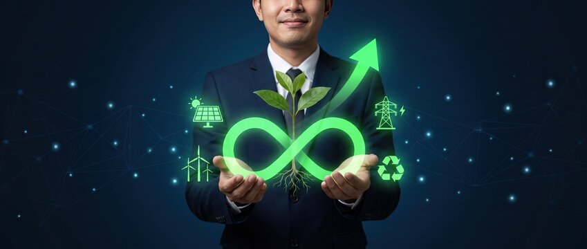 Businessman showcasing green energy symbols that embody sustainability growth and innovation set against a dynamic and futuristic backdrop