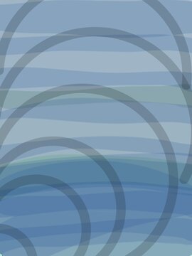 The image features an abstract background in shades of blue and gray, with large, overlapping curved line patterns resembling waves or circles. Several transparent layers of wavy horizontal lines crea