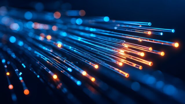 Fiber optic cable glowing with blue and orange light streams representing high speed internet data transmission and digital telecommunication network