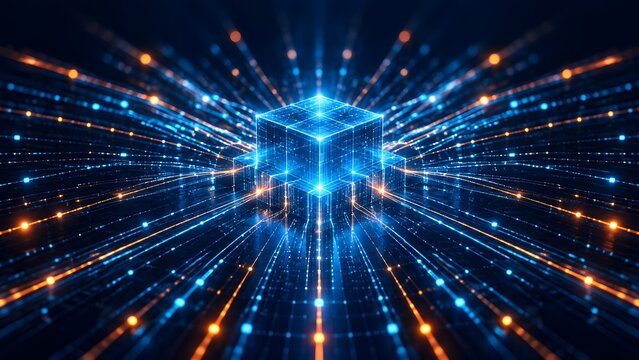 Digital blockchain cube radiating light streams on a futuristic grid symbolizing quantum computing central server and secure global data network