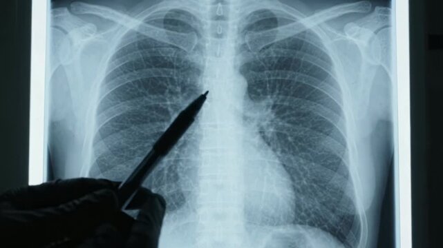 A medical professional wearing black gloves points to a human chest X-ray on a light box in a clinical setting.