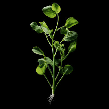 Green pea plant seedling with roots shown isolated on black background with clipping path, symbolizing growth and nature